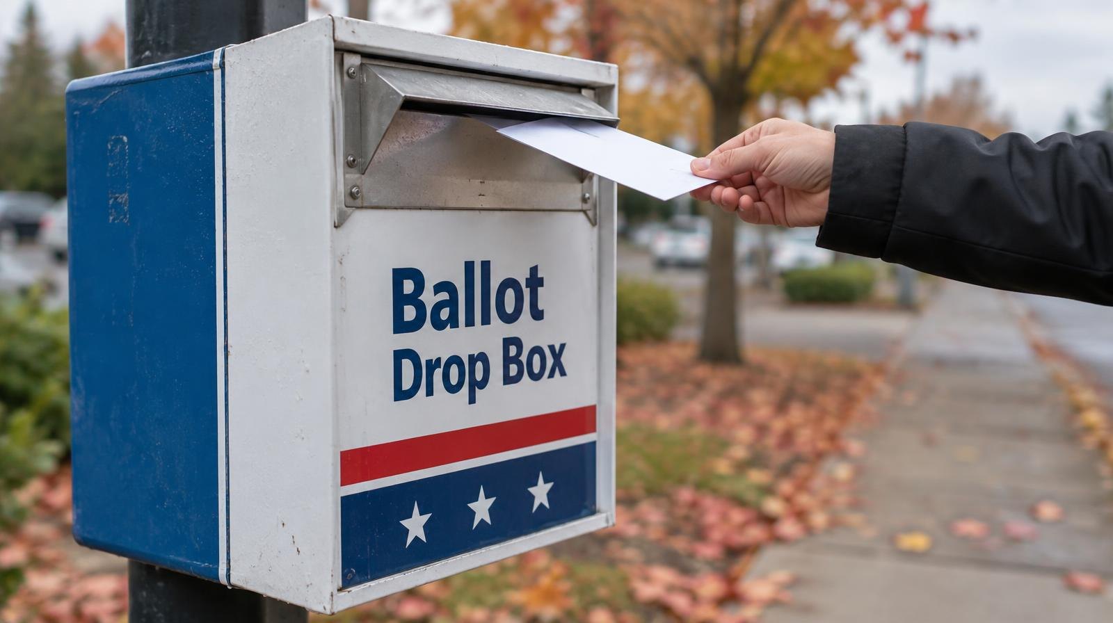 A secure metal ballot drop box mounted on a post outdoors.