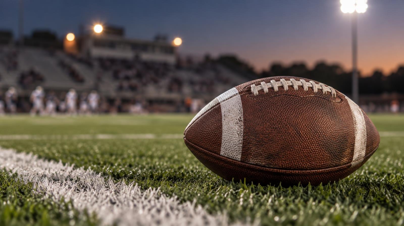 An American football resting on green turf beside a white yard line.