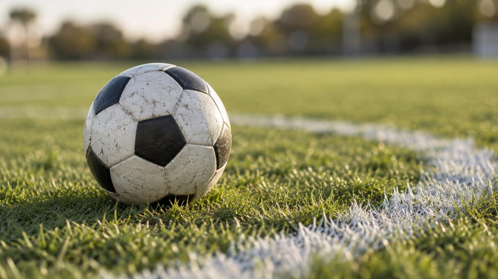 A soccer ball resting on green grass near a white painted field line.
