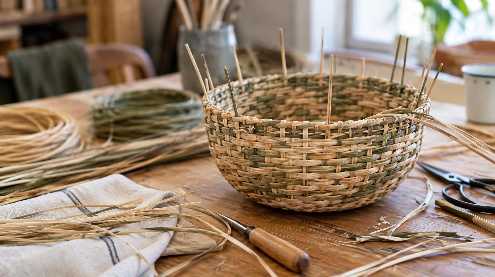 A partially woven reed basket bowl resting on a wooden worktable with natural fibers nearby.