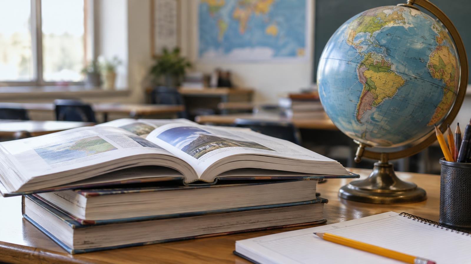 Stack of open textbooks and a globe resting on a wooden school desk.