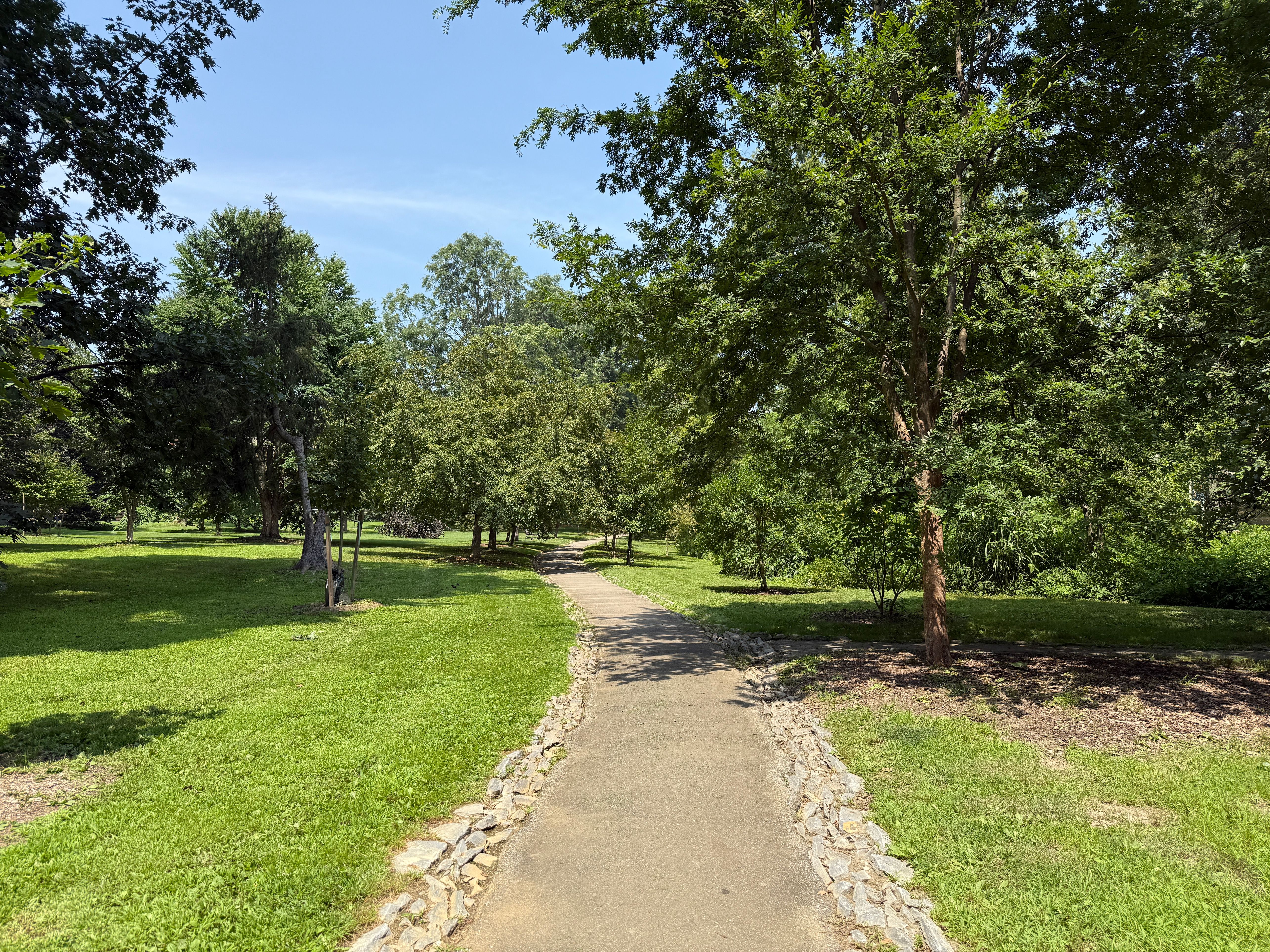 A paved path with stone edging winds through a shaded, tree-lined park