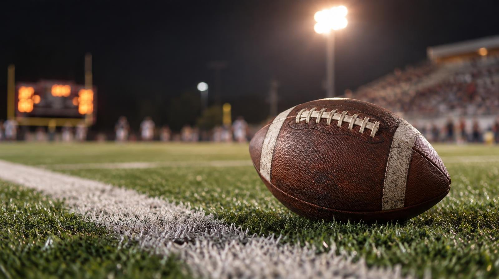 An American football on green turf beside a white yard line under bright stadium lights.