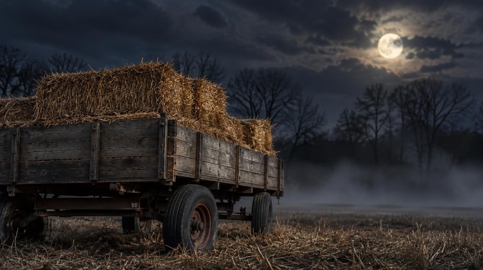 A hay wagon loaded with straw bales in a foggy, moonlit field at night.