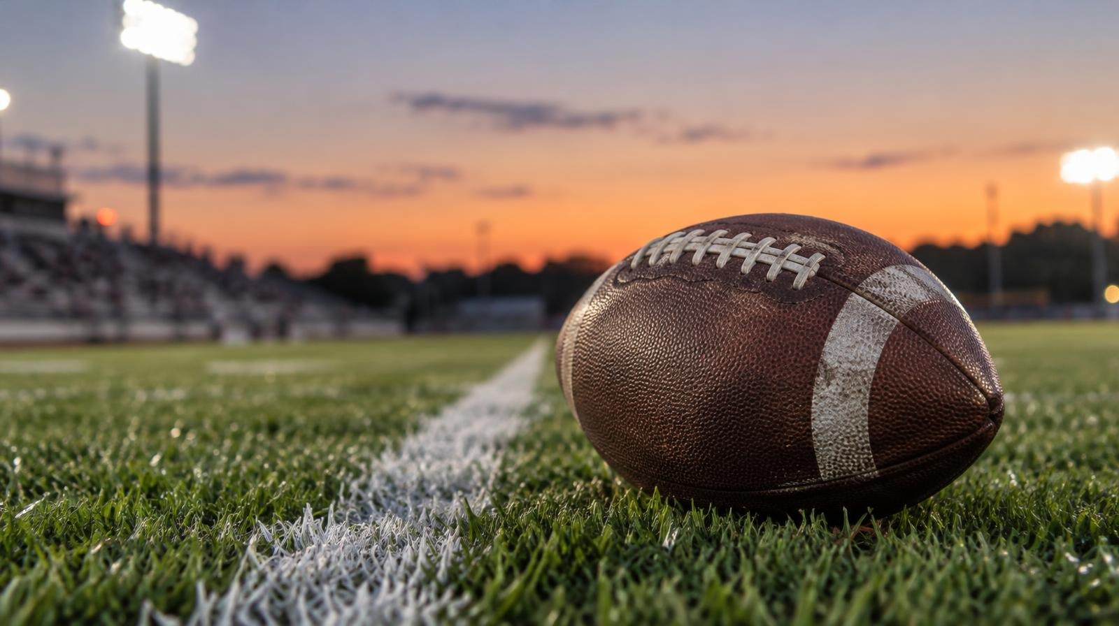 An American football resting on a grass field beside a white yard line at dusk.