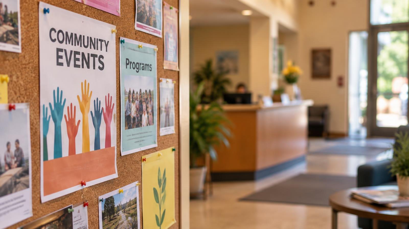 Colorful event flyers pinned to a bulletin board in a community center lobby.