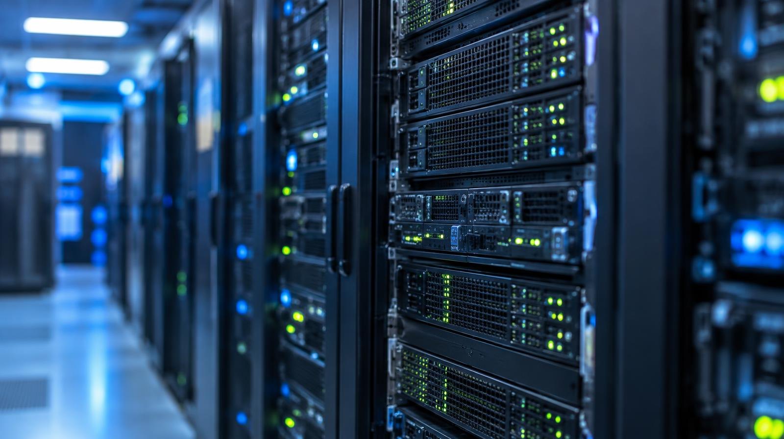 Rows of black server racks with blinking indicator lights in a data center.