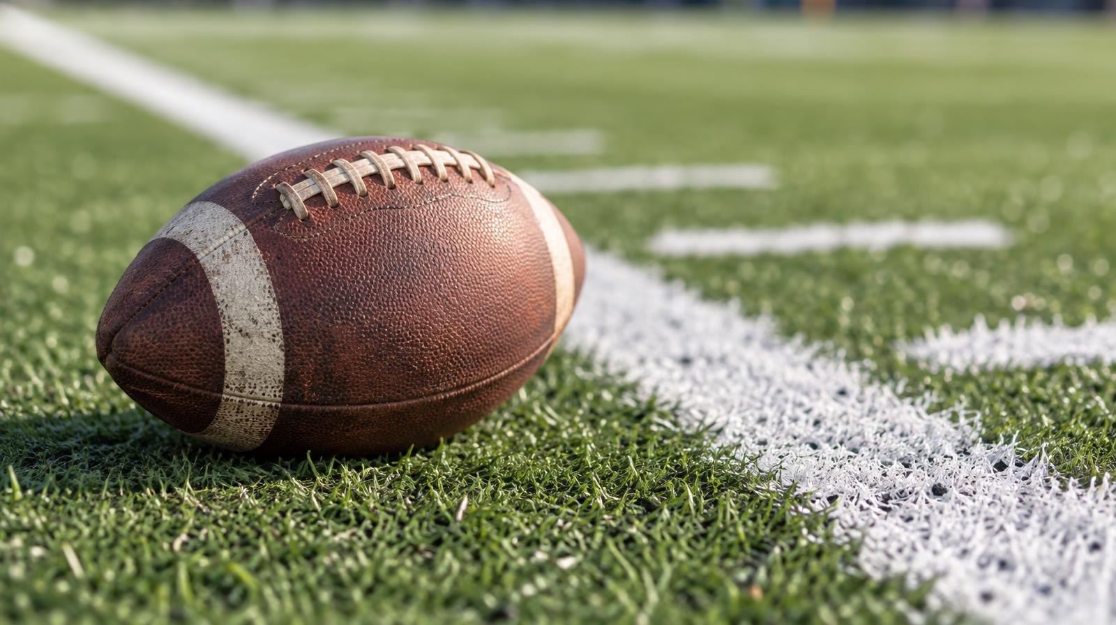 An American football resting on green artificial turf beside a white yard line.