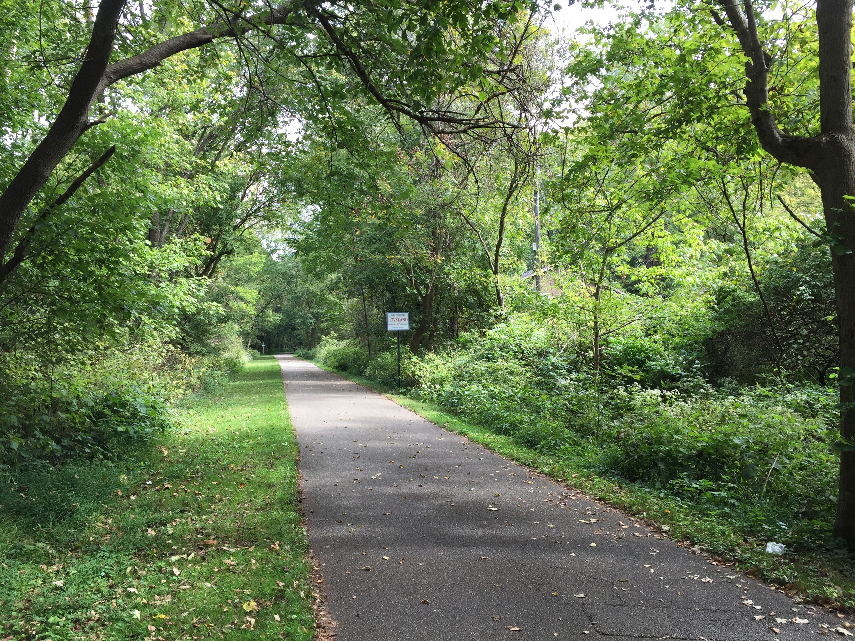 Paved trail disappearing into a dense green tree canopy with a small sign at the side.