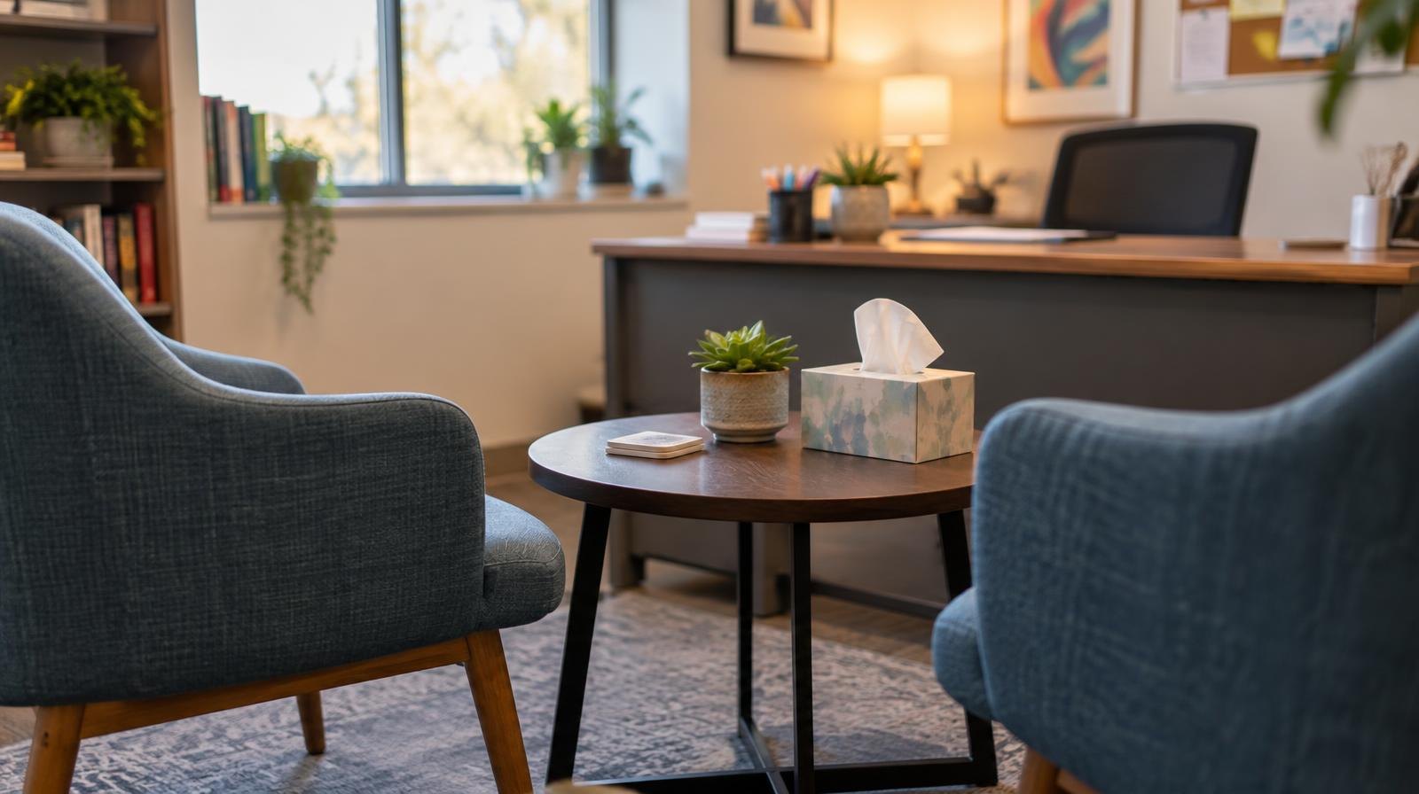 A desk with a succulent plant and tissues, with two empty chairs facing each other.