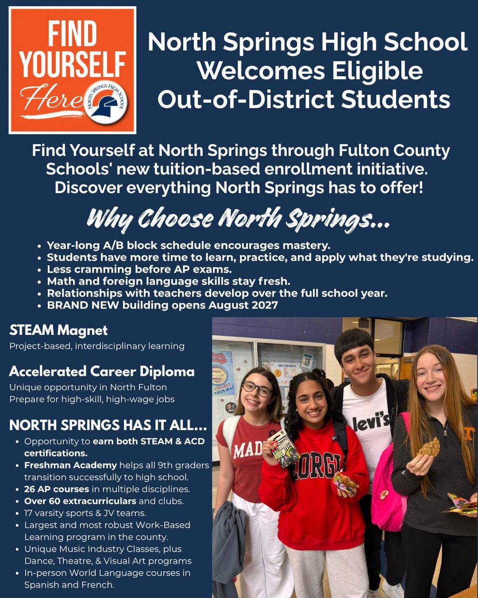 Promotional flyer for North Springs High School featuring program highlights and four smiling students.