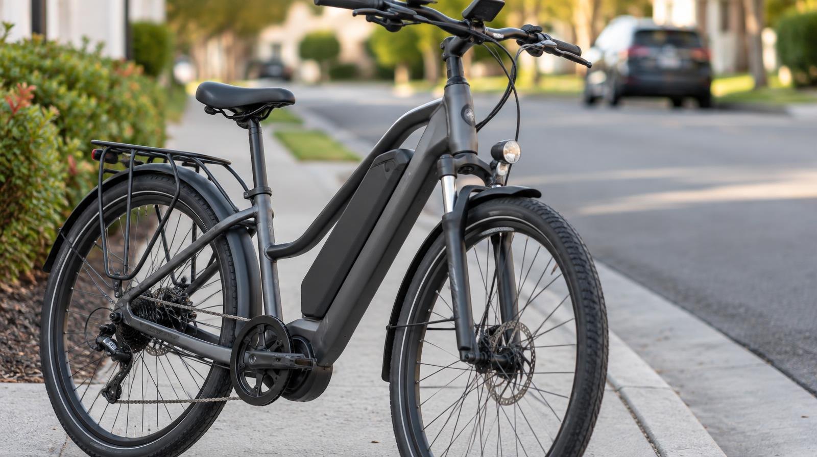 A sleek electric bicycle with a battery pack on the frame parked on a concrete sidewalk.