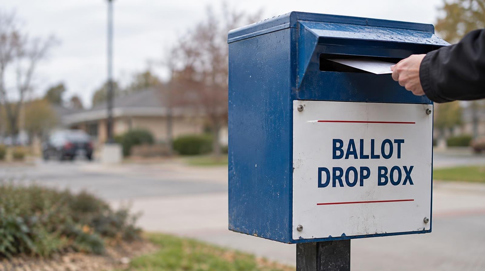 A gray ballot drop box with a slot opening, mounted on a metal post outdoors.