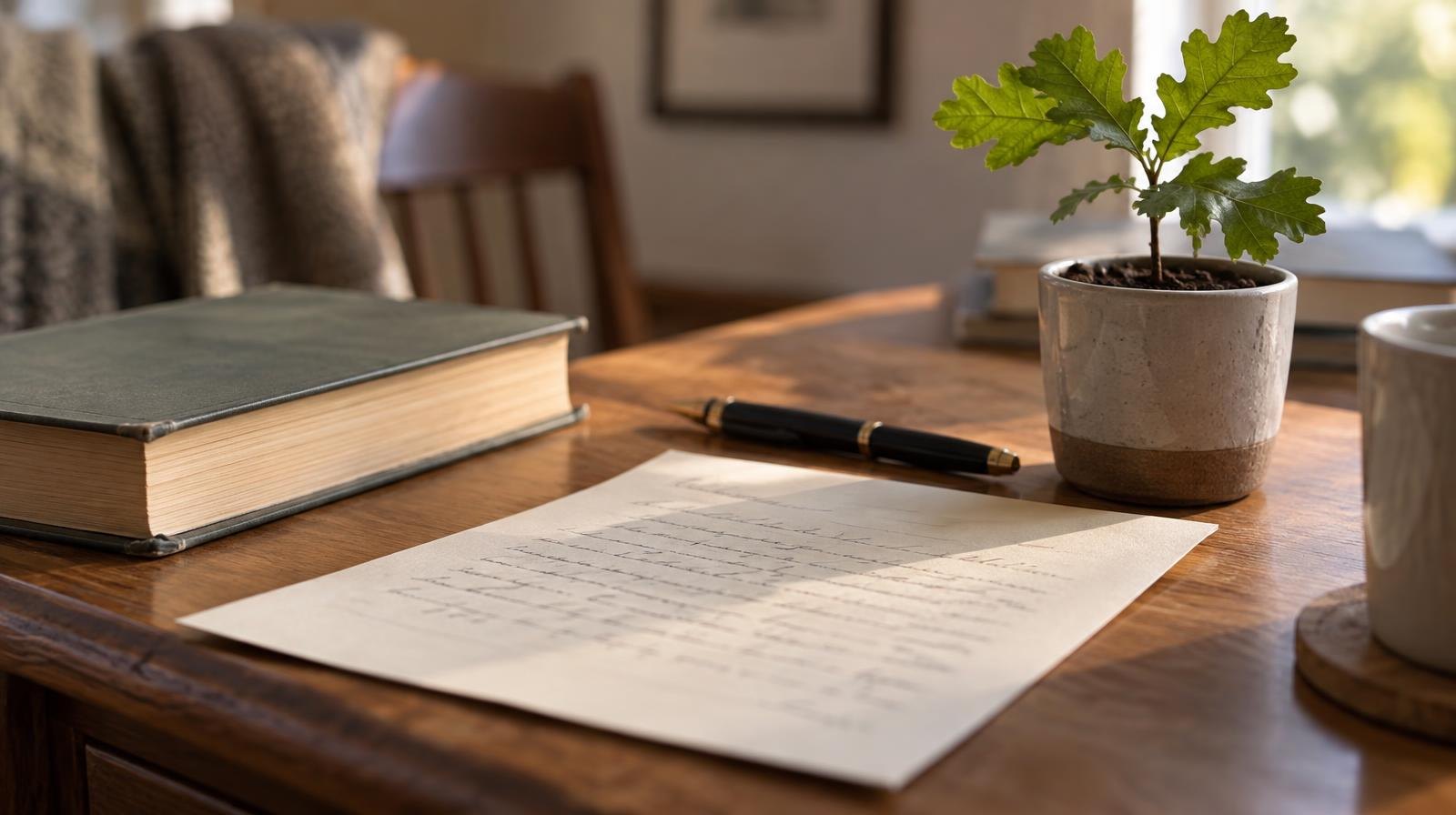 A handwritten letter on a wooden desk beside a hardcover book and a small potted oak sapling.