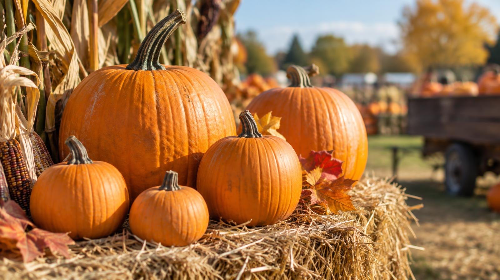 Orange pumpkins of various sizes arranged on hay bales with dried corn stalks nearby.