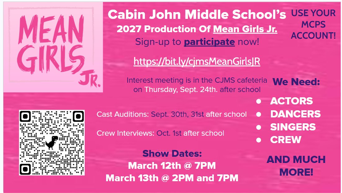 Pink promotional flyer for a school production of Mean Girls Jr. with audition dates and a QR code.