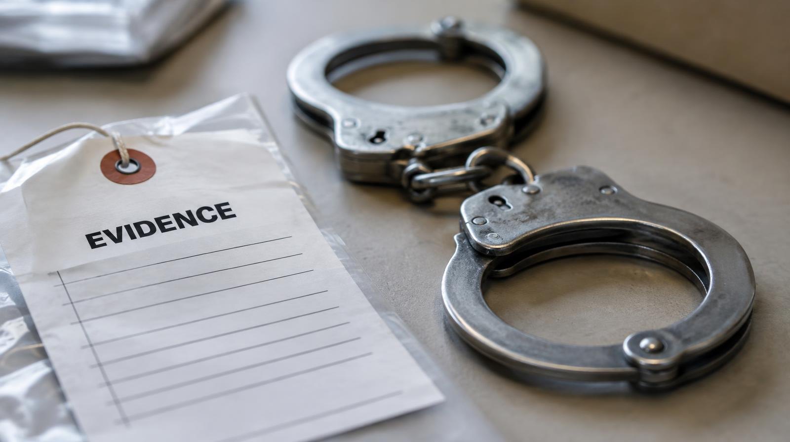 Metal handcuffs and a police evidence tag resting on a flat surface.