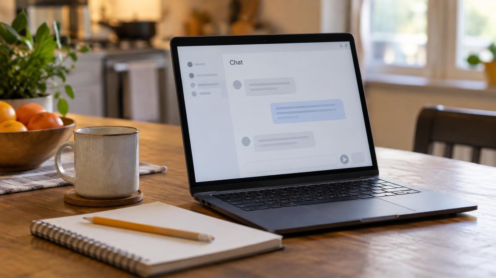 Open laptop with chat interface next to a spiral notebook and pencil on a table.