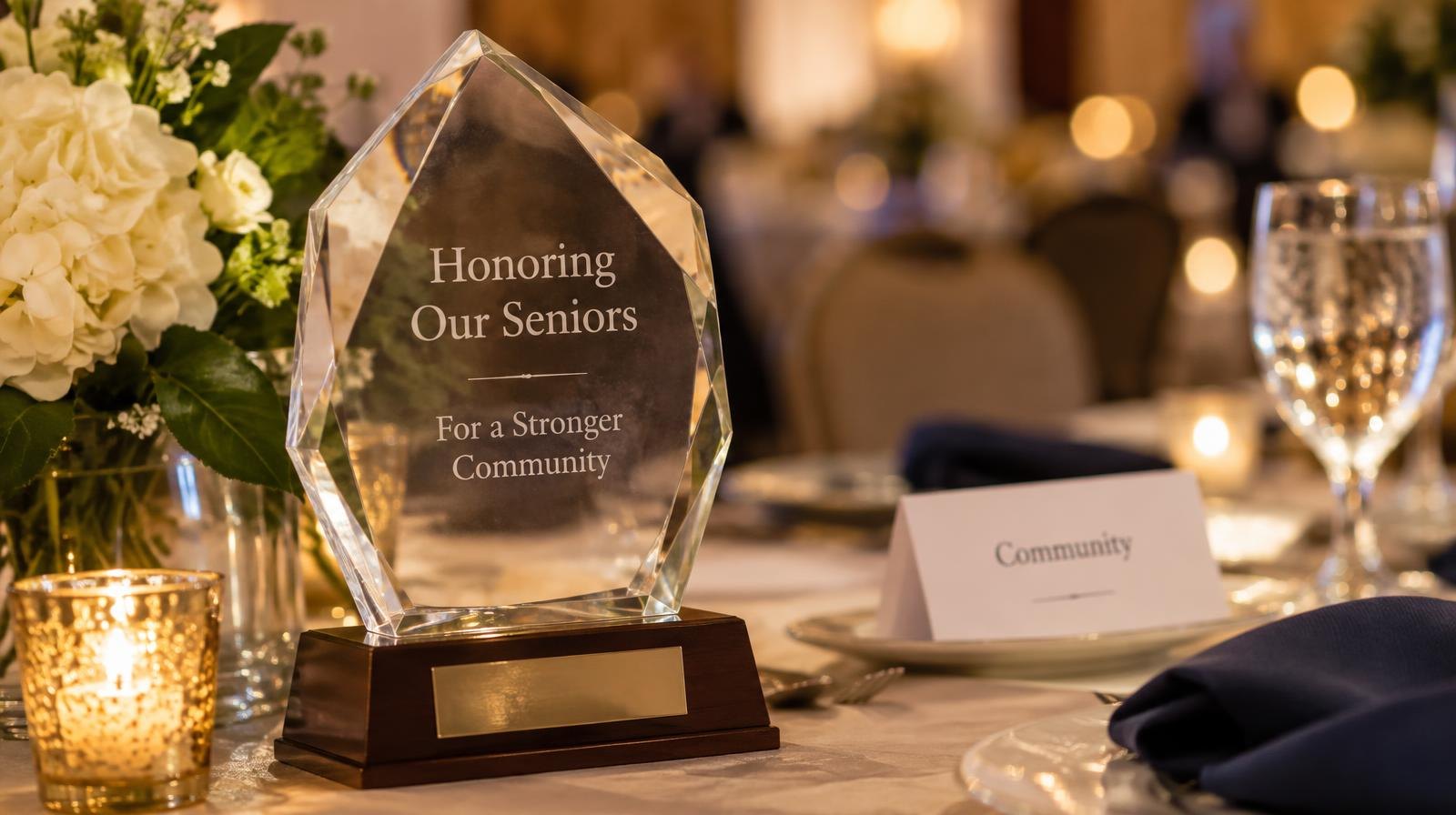 A decorative award trophy on a table in warm evening light.
