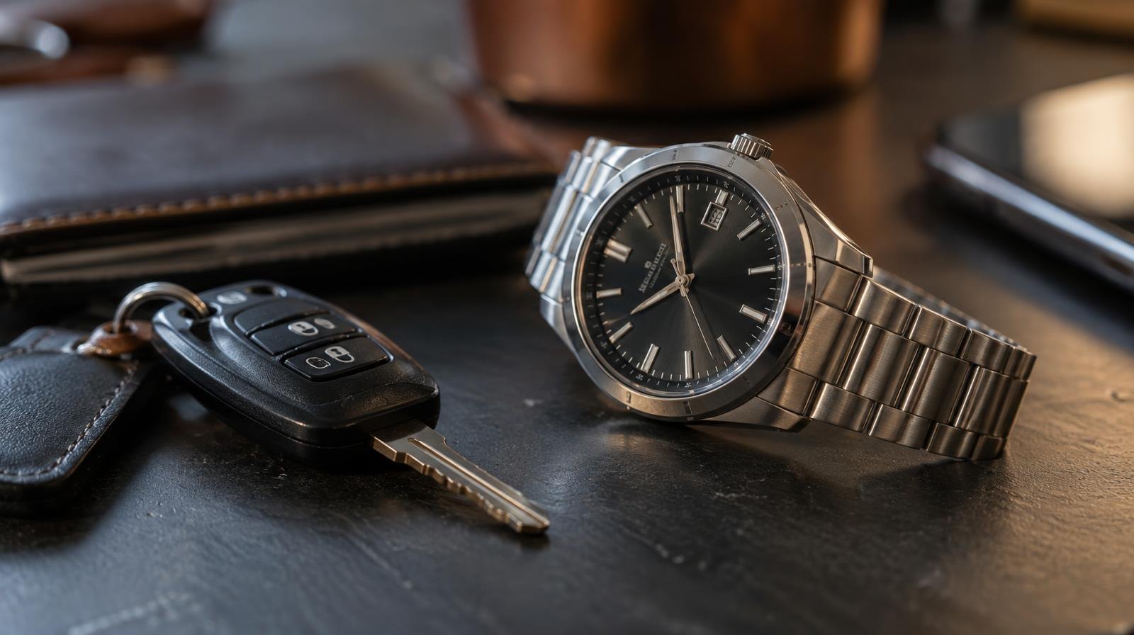 A luxury wristwatch with a metal bracelet resting on a dark surface beside car keys.