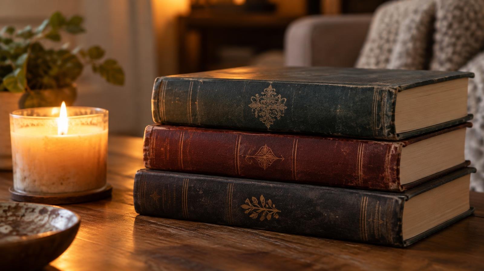 A stack of hardcover books on a wooden table beside a single lit candle.
