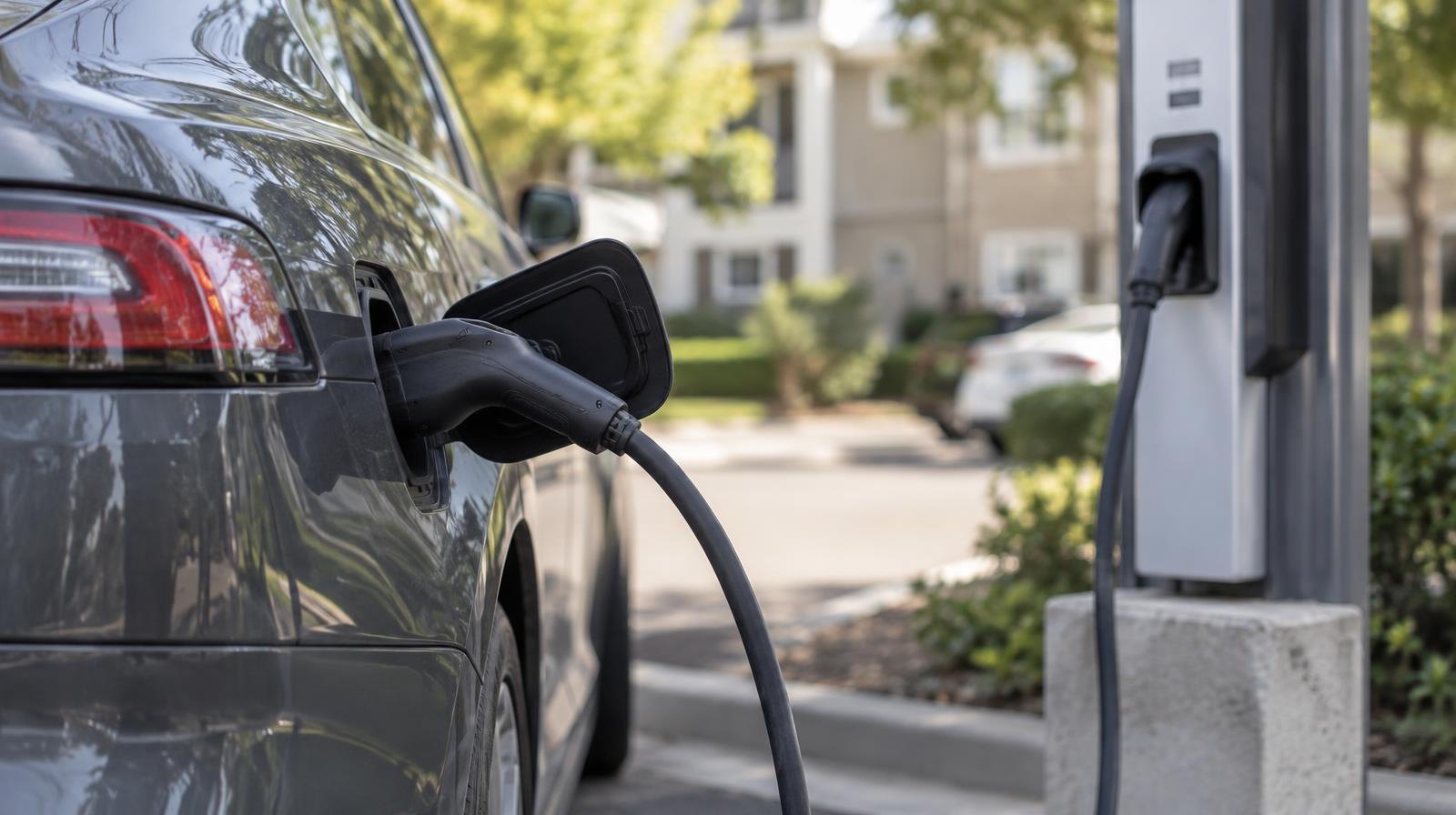 Electric vehicle charging station with cable plugged into a car in a parking lot.