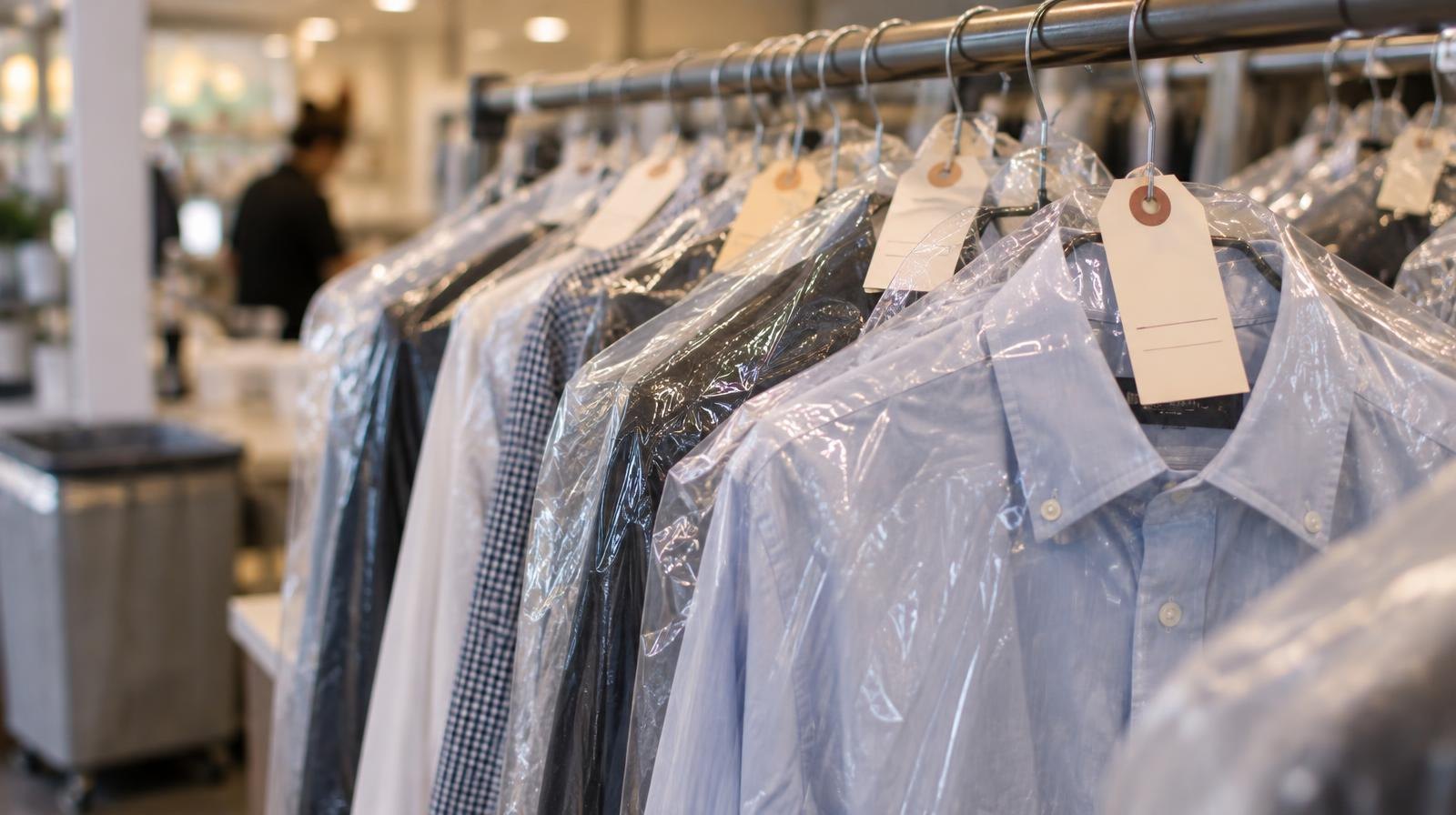 Plastic-wrapped dry-cleaned clothes hanging in a row on a metal rack.