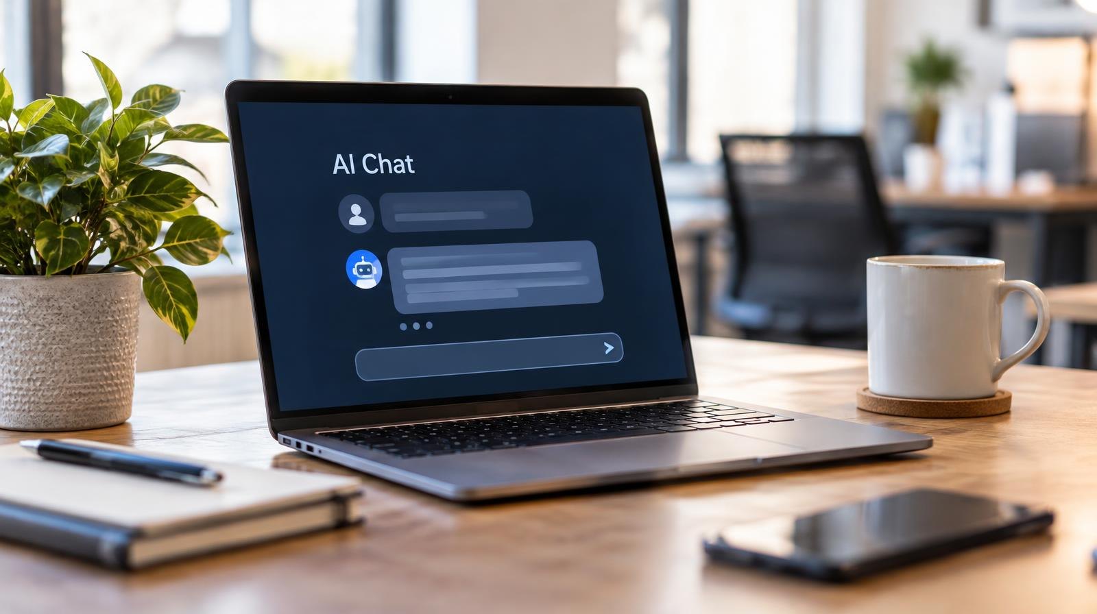 Laptop on a desk showing a glowing AI chat interface with a coffee mug nearby.