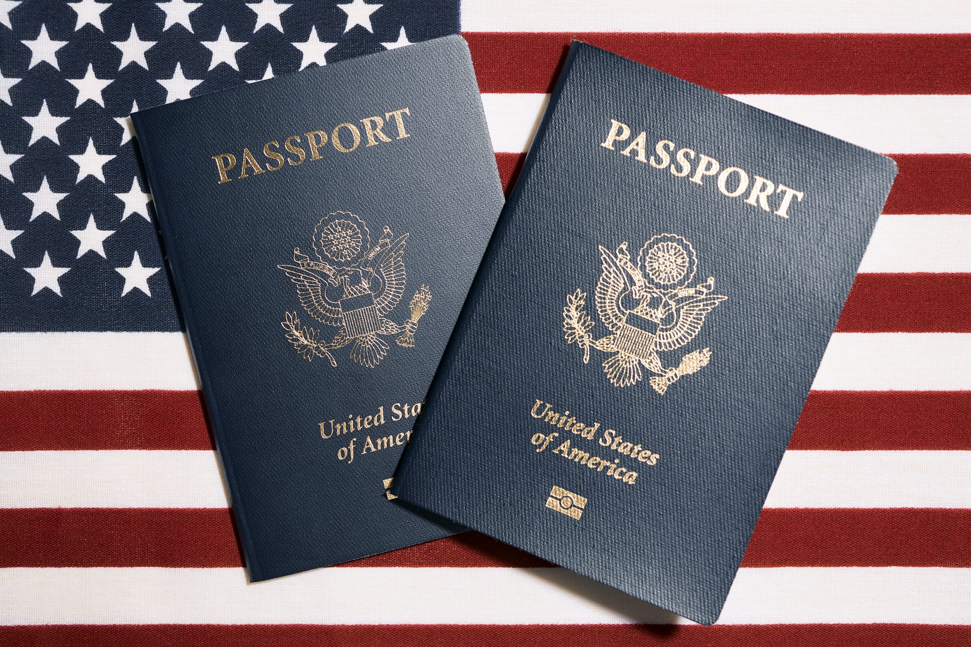Two American passports on a U.S. flag