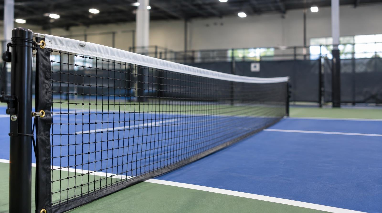 Empty indoor pickleball court with blue and green surface and a low net.