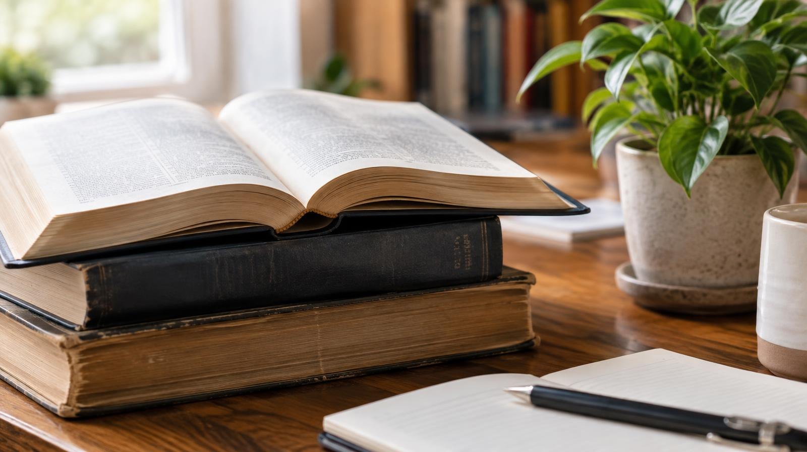 Stack of open textbooks on a wooden desk beside a small plant.