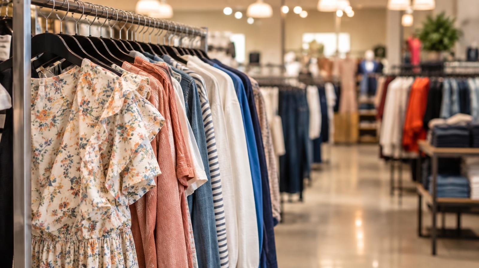 Colorful garments hanging on clothing racks inside a well-lit retail store.