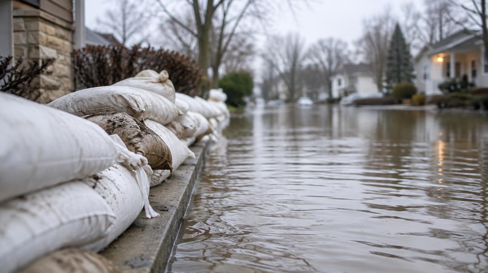 Flooded street with water over the road surface and sandbags along the curb.