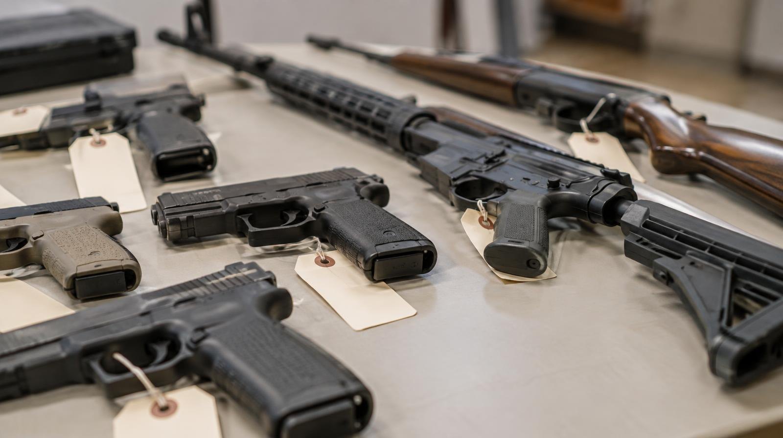 Several handguns and rifles arranged in a row with evidence tags attached.