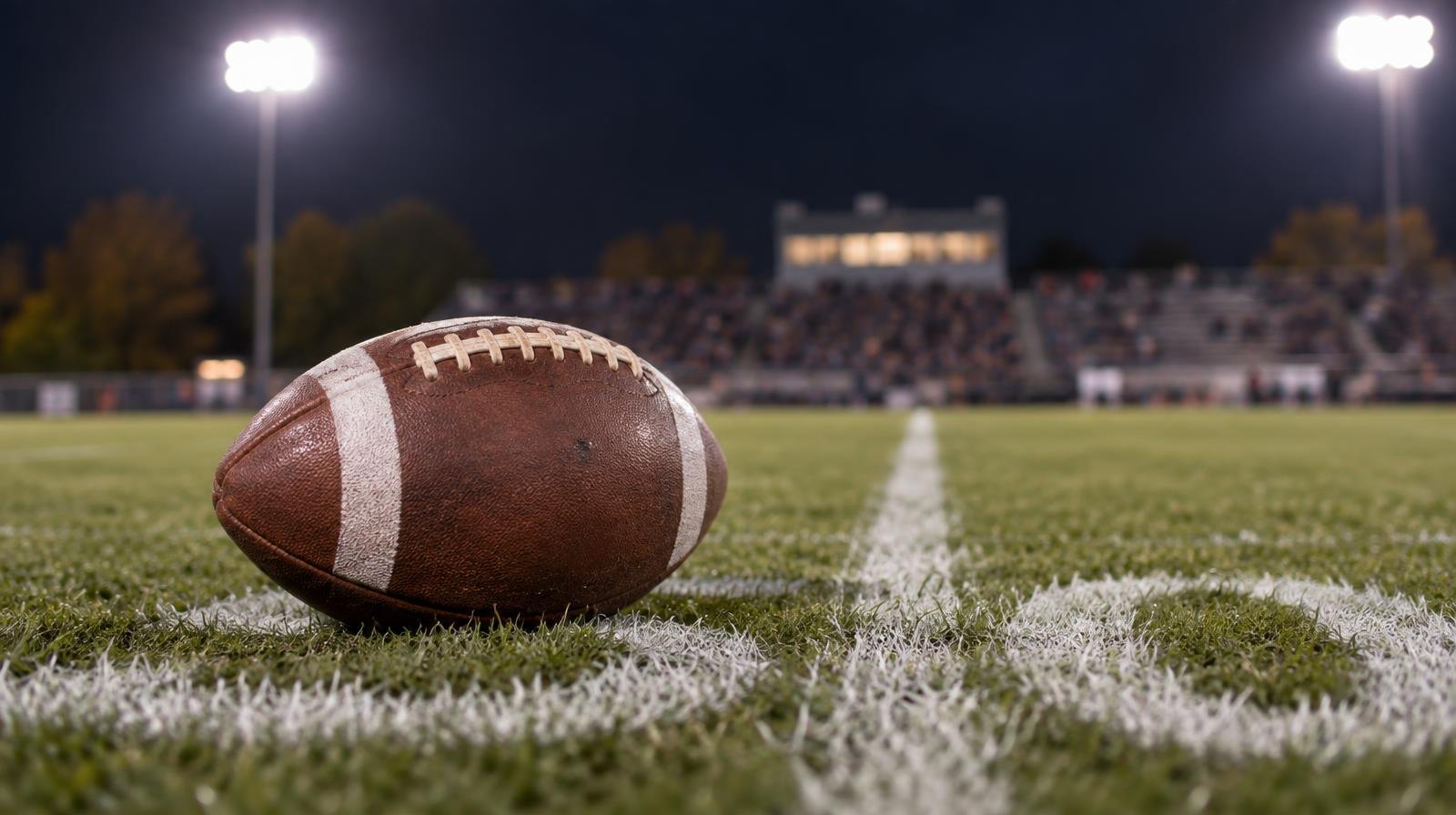 An American football on green grass with white yard-line markings and stadium lights in the background.