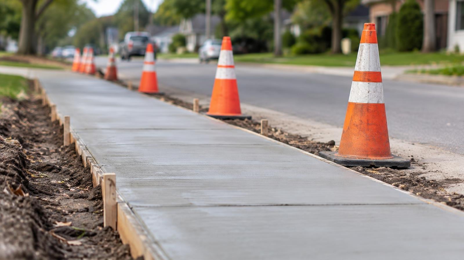 Freshly poured concrete sidewalk beside a residential street with orange construction cones.