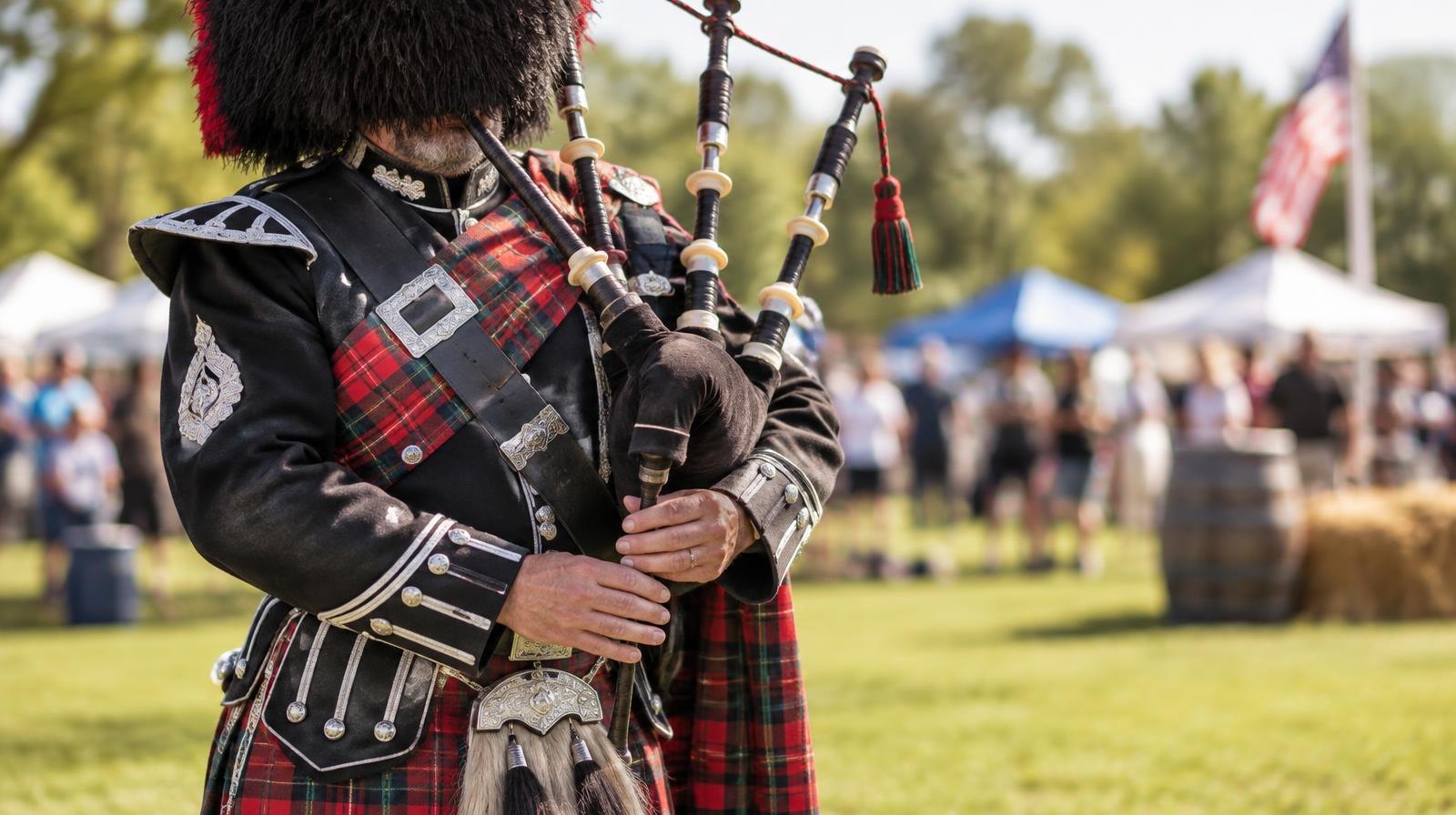 Bagpiper in tartan kilt and feather bonnet playing bagpipes outdoors.