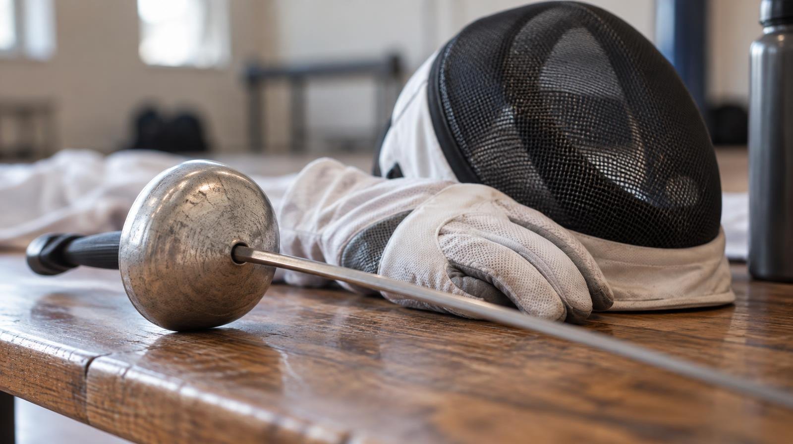 An epee sword rests beside a white fencing glove and protective mask.