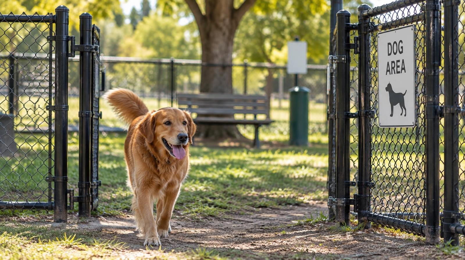 Fenced dog park enclosure with double gate, bench, and shade tree.