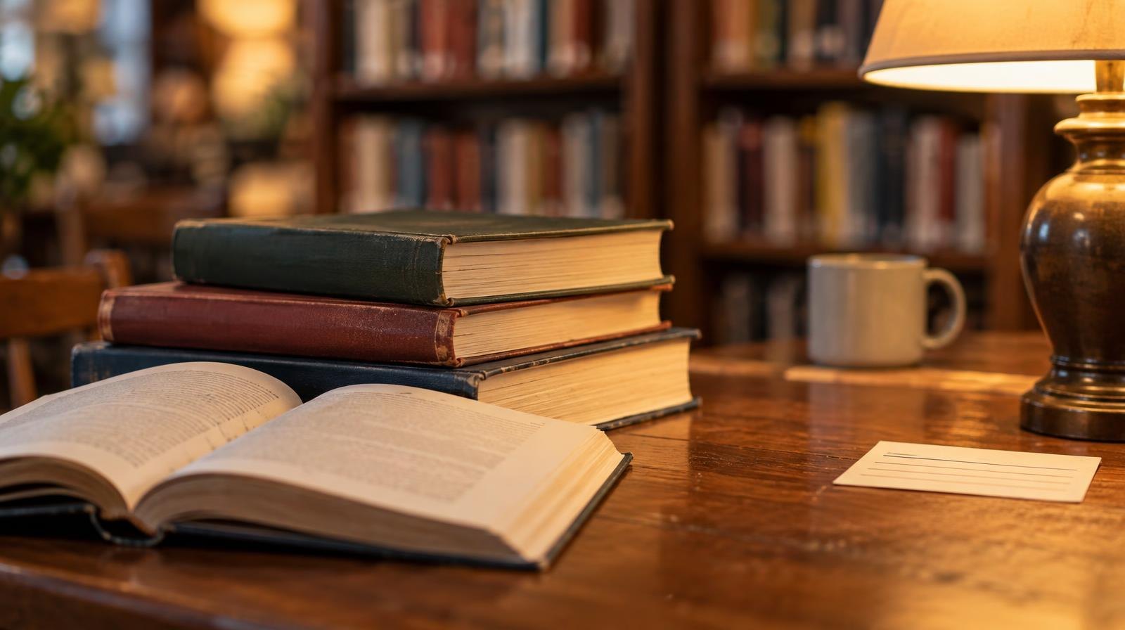 Stack of open and closed hardcover books on a wooden table beside a glowing reading lamp.