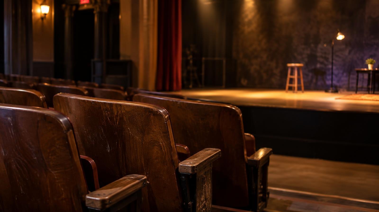 Rows of empty wooden theater seats facing a warmly lit bare stage.