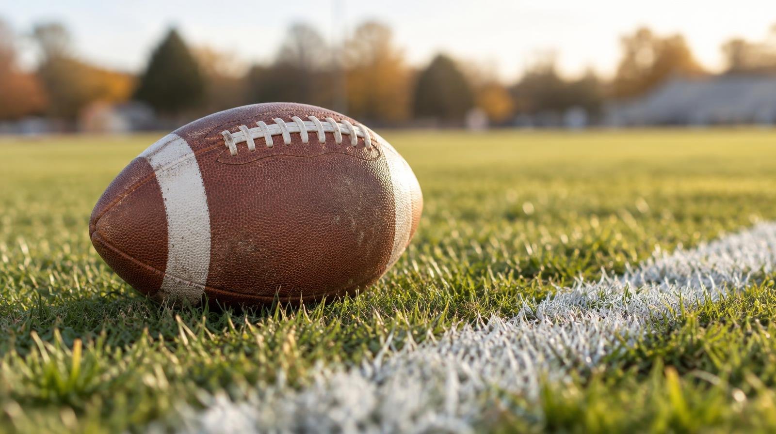 An American football resting on green grass beside a white painted yard line.