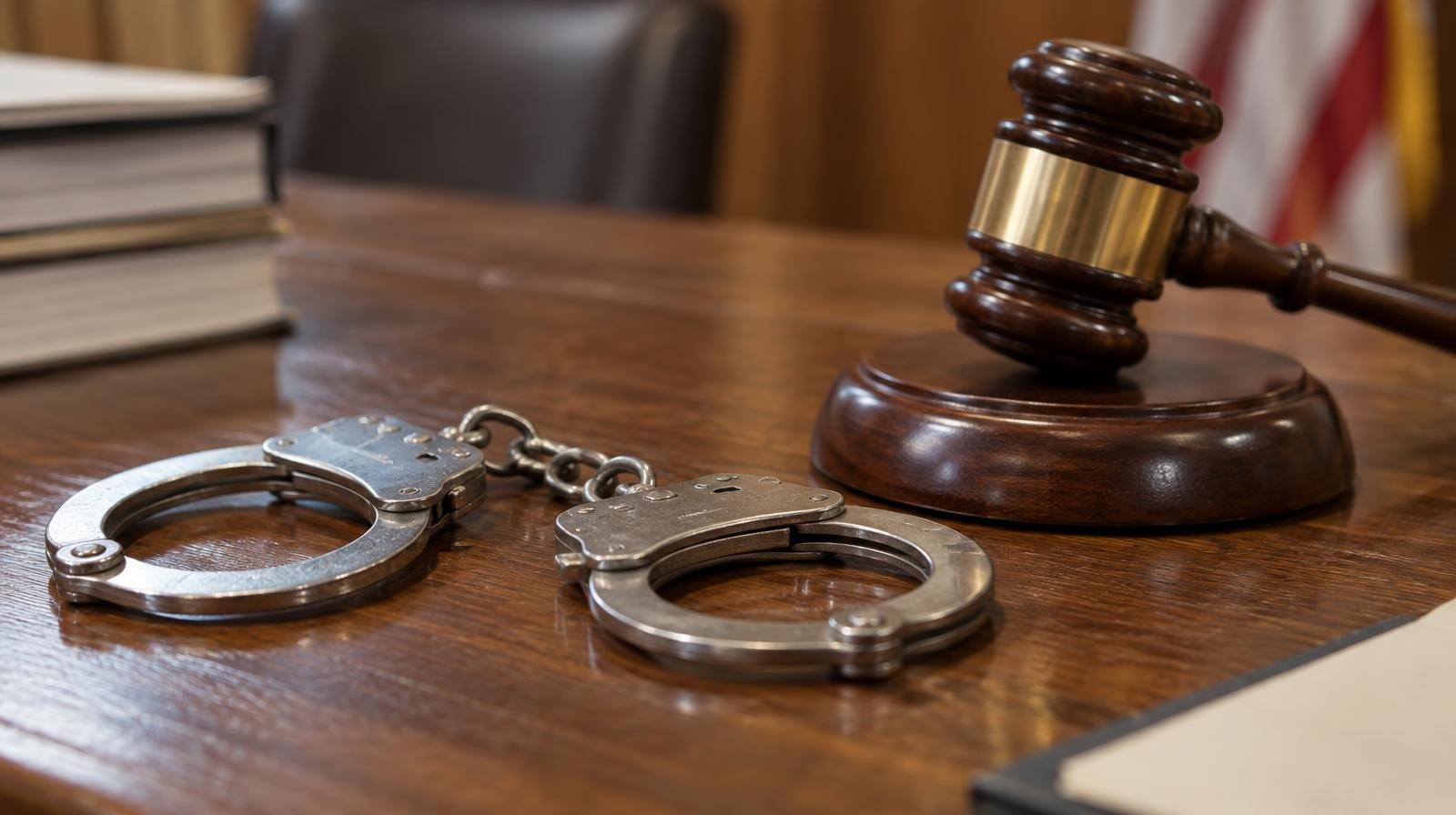 Metal handcuffs and a wooden gavel resting on a courtroom bench.