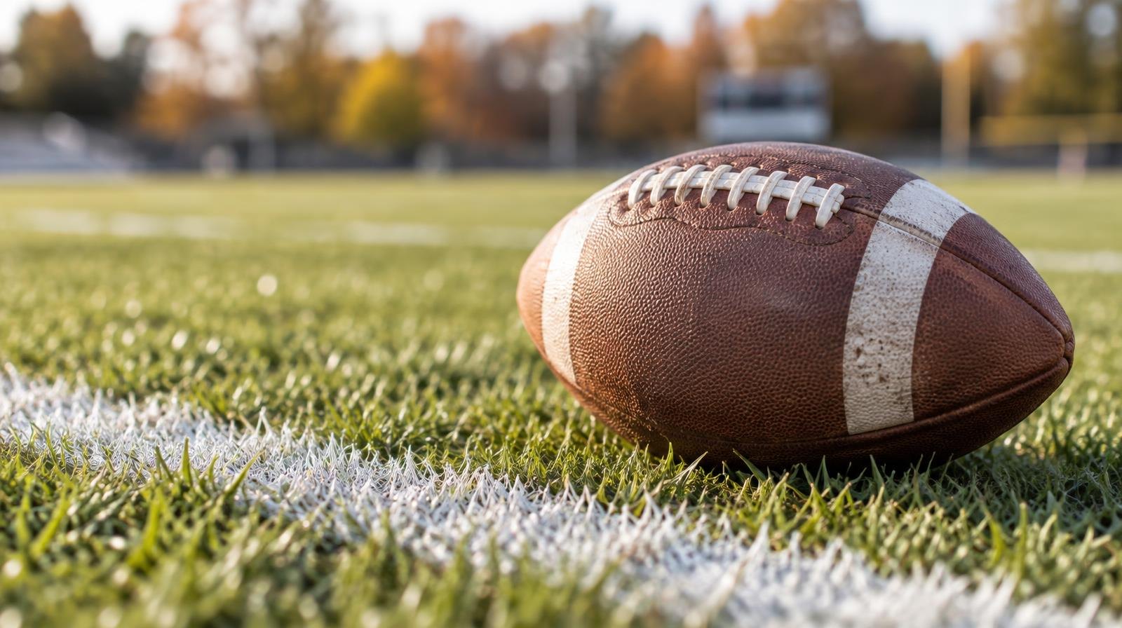 An American football resting on green grass near a white yard line.