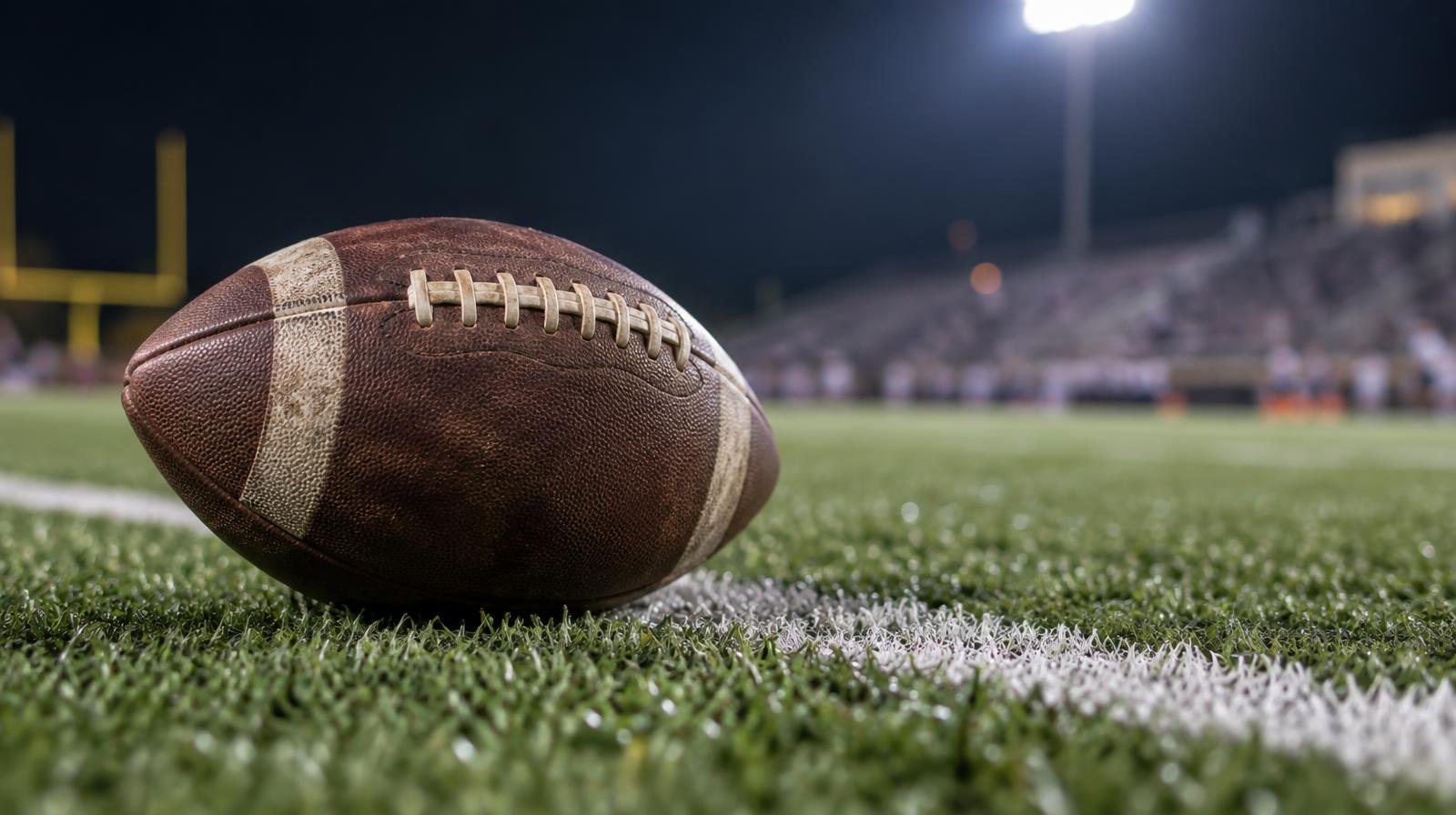 An American football resting on green artificial turf beside a white yard line under stadium lighting.