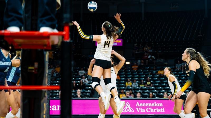 Volleyball player in black and gold uniform jumping to attack the ball at the net.