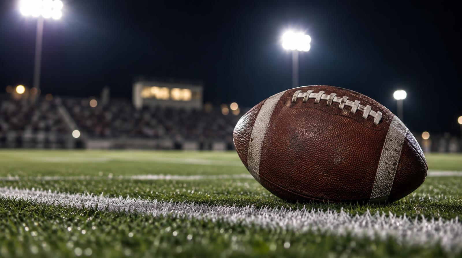 An American football on green turf beside a white yard line under bright stadium lights.