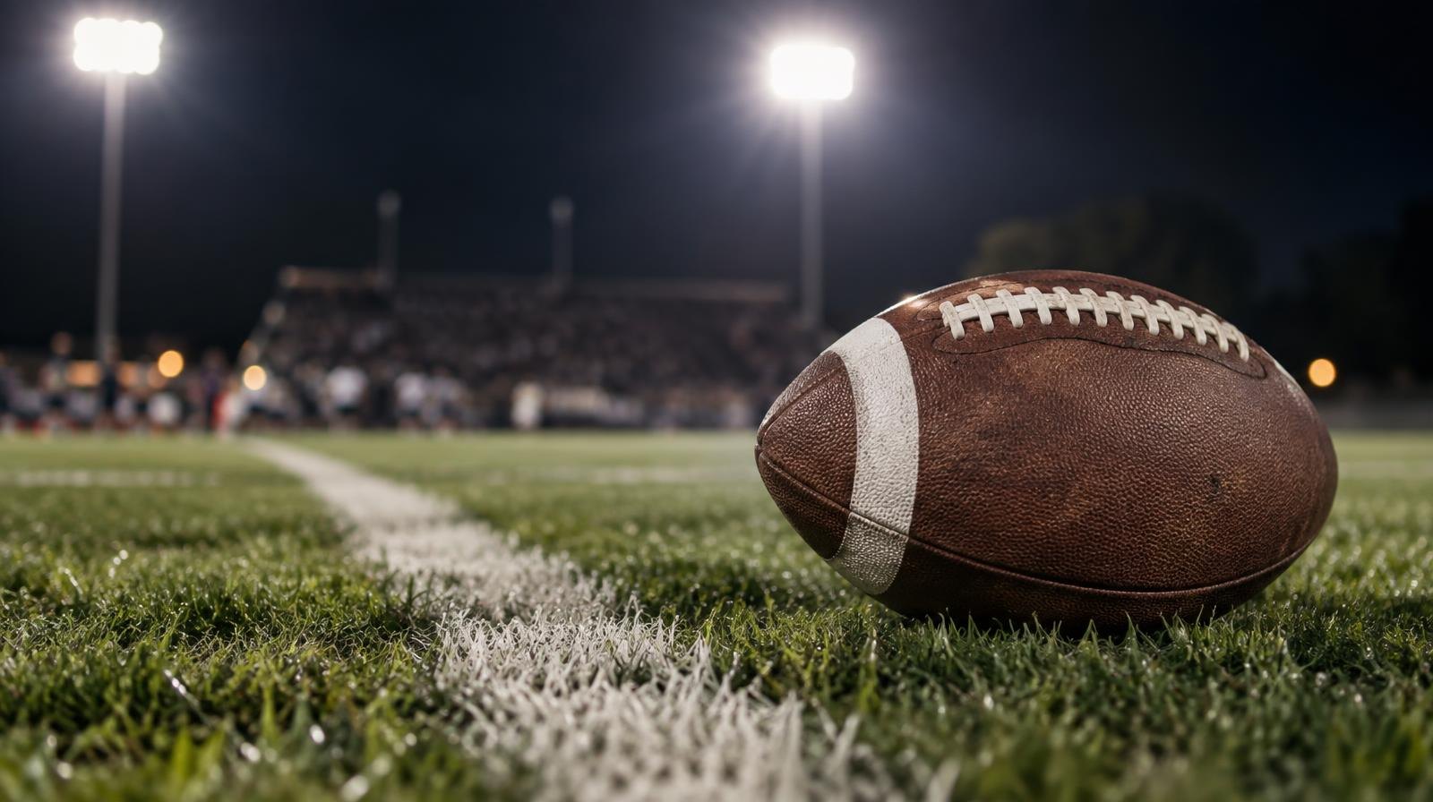 An American football on a grass field beside a white yard line under stadium lights.