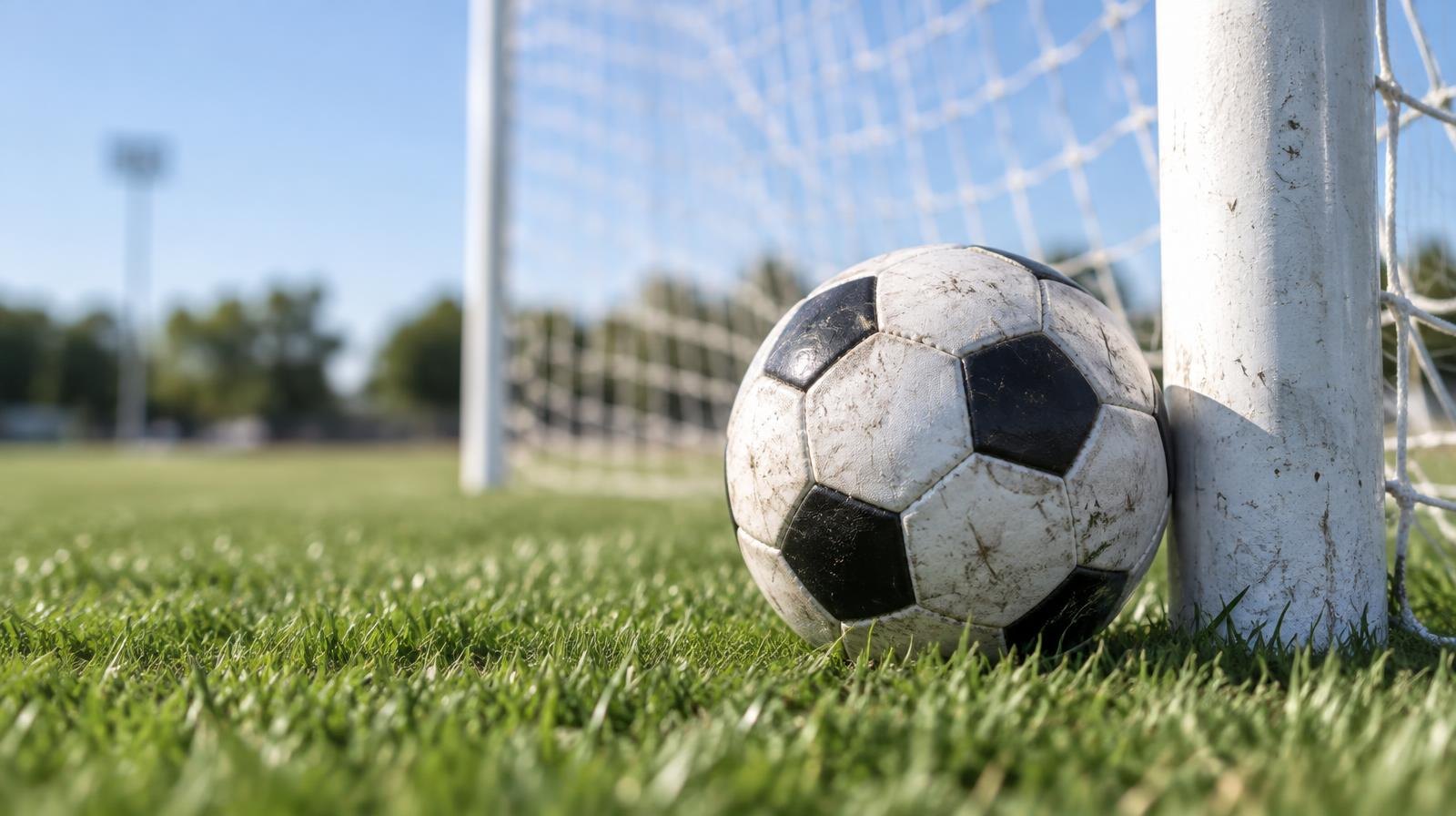 A black-and-white soccer ball on green grass beside a goal post and net.
