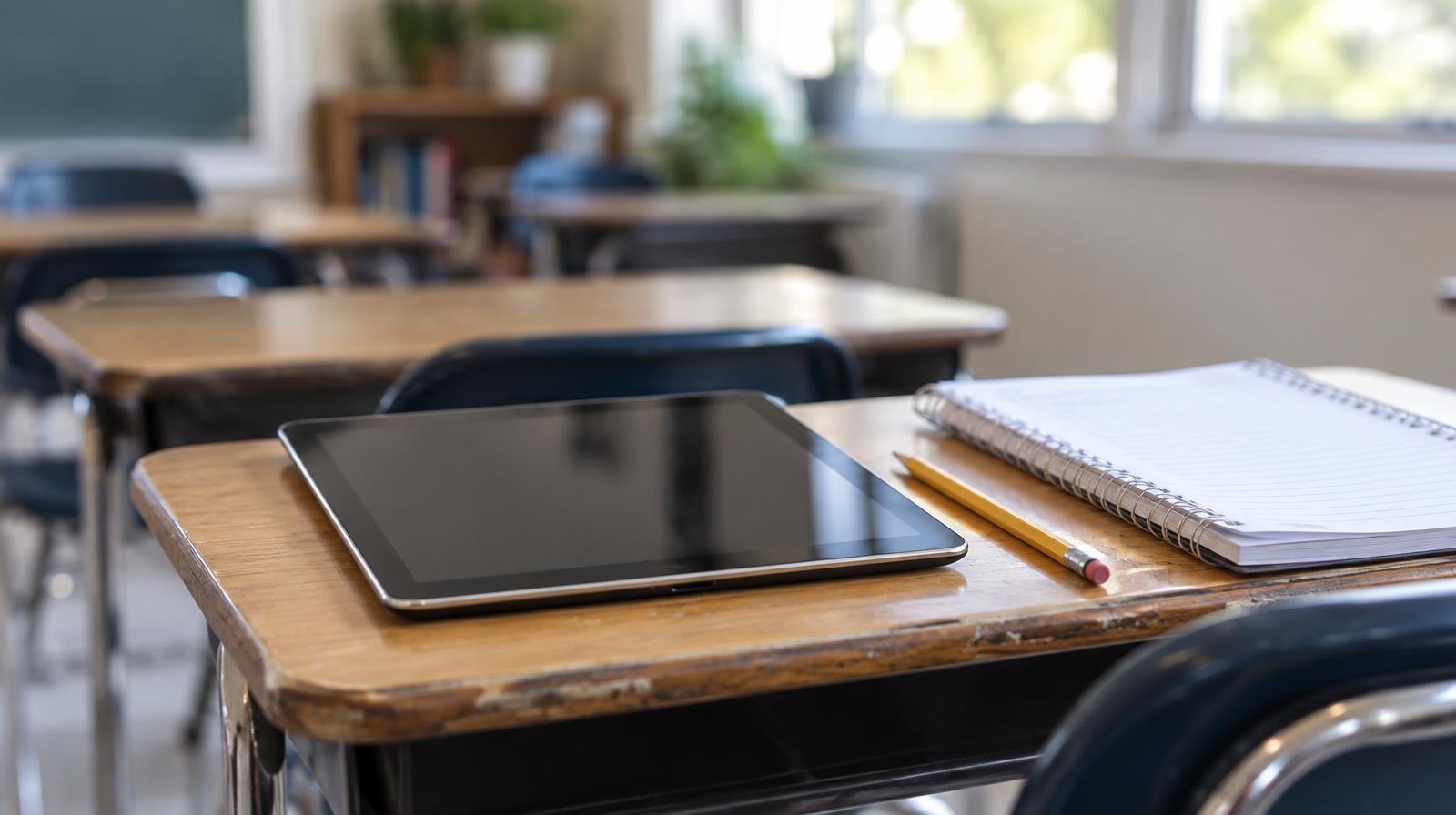 A tablet computer face-up on a wooden school desk beside a pencil and notebook.